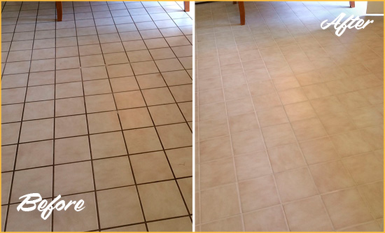 Before and After Picture of a Switzerland Kitchen Tile and Grout Cleaned to Remove Embedded Dirt