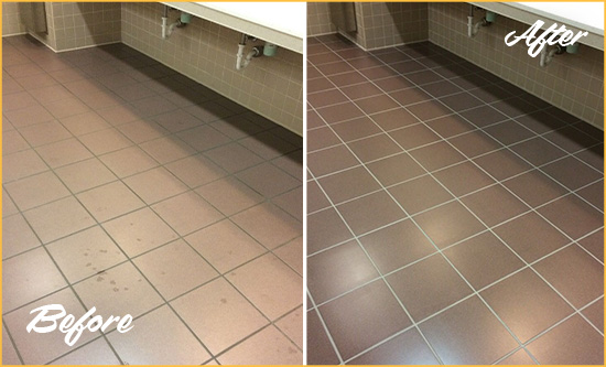 Before and After Picture of a Hilliard Restrooms Tile and Grout Cleaned to Remove Embedded Dirt