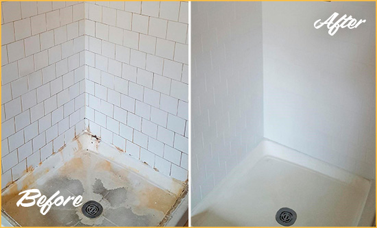 Before and After Picture of a Fernandina Beach Shower Tile and Grout Cleaned to Remove Soap Scum