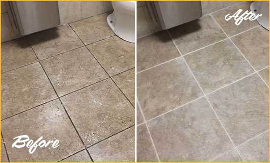 Before and After Picture of a Fernandina Beach Restroom Tile and Grout Cleaned to Remove Soil