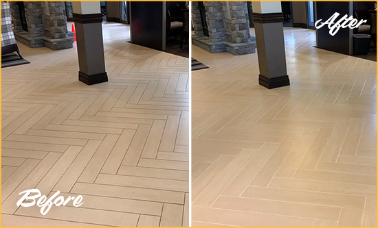 Before and After Picture of a Orange Park Office Floor Tile and Grout Cleaned to Remove Stains