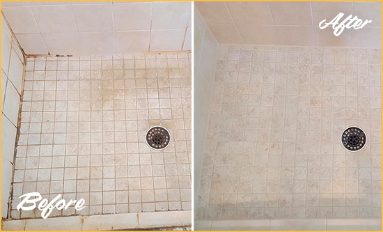 Before and After Picture of a Hibernia Shower Caulked to Fix Cracks