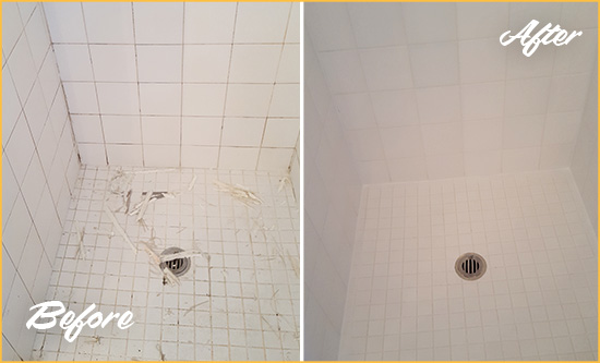 Before and After Picture of a Fernandina Beach Bathroom Re-Caulked To Repair Damaged Caulking