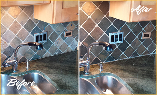 Before and After Picture of a Green Cove Springs Backsplash Caulked to Fix and Prevent Water Leaks