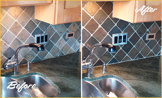 Before and After Picture of a Hilliard Backsplash Caulked to Fix and Prevent Water Leaks