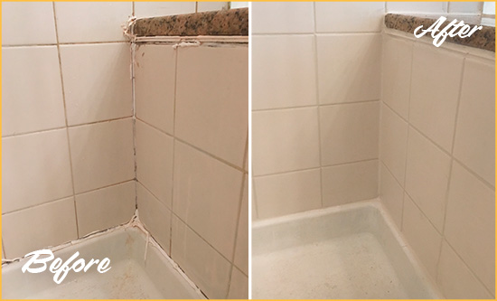 Before and After Picture of a Palencia Shower Caulked to Repair Damaged Caulking