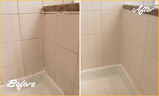 Before and After Picture of a Hilliard Shower Caulked to Repair Damaged Caulking