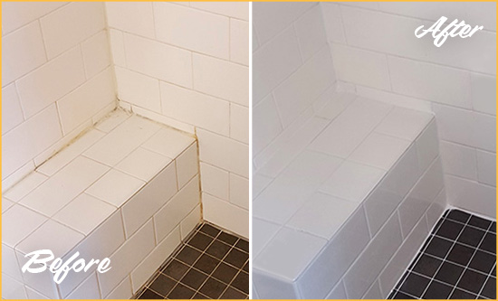 Before and After Picture of a Switzerland Shower Seat Caulked to Protect Against Mold and Mildew Growth