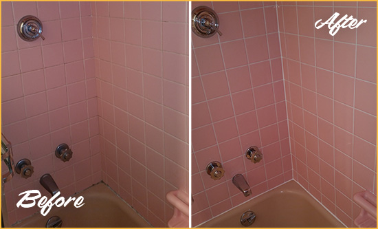 Before and After Picture of a Fruit Cove Bathtub Caulked to Eliminate Mold