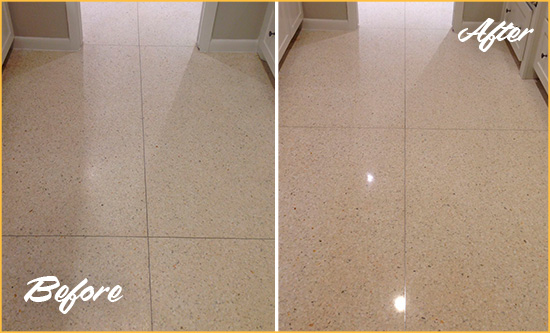 Before and After Picture of a Switzerland Granite Stone Floor Polished to Repair Dullness