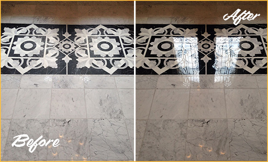 Before and After Picture of a Switzerland Marble Stone Floor Polished to a Mirror Shine