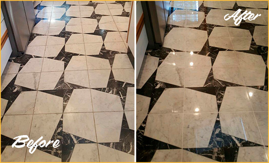 Before and After Picture of a Dull Jacksonville Beach Marble Stone Floor Polished To Recover Its Luster