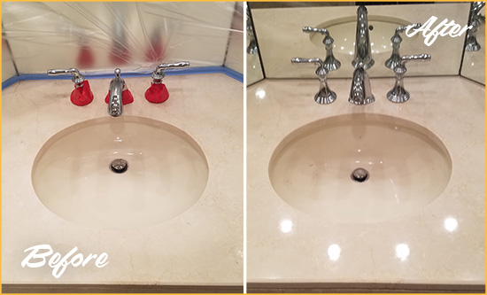 Before and After Picture of a Dull Fleming Island Marble Stone Vanity Top Polished to Bring-Back Its Sheen