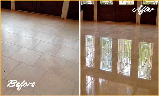 Before and After Picture of a Dull Ponte Vedra Beach Travertine Stone Floor Polished to Recover Its Gloss