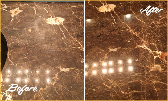 Before and After Picture of a Ponte Vedra Beach Marble Stone Countertop Polished to Eliminate Stains