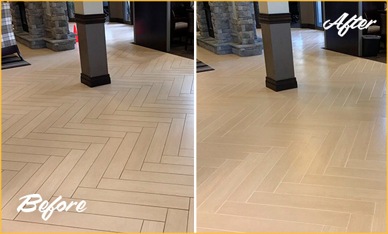 Before and After Picture of a Dirty Amelia City Ceramic Office Lobby Sealed For Extra Protection Against Heavy Foot Traffic