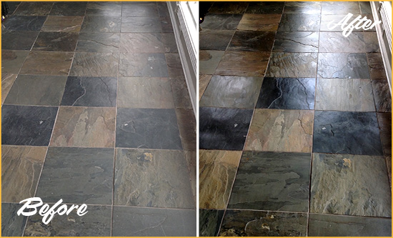 Before and After Picture of a Dull Fernandina Beach Slate Floor Sealed to Bring Back Its Colors