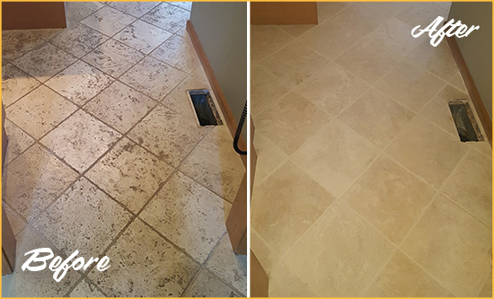 Before and After Picture of a Green Cove Springs Kitchen Marble Floor Cleaned to Remove Embedded Dirt