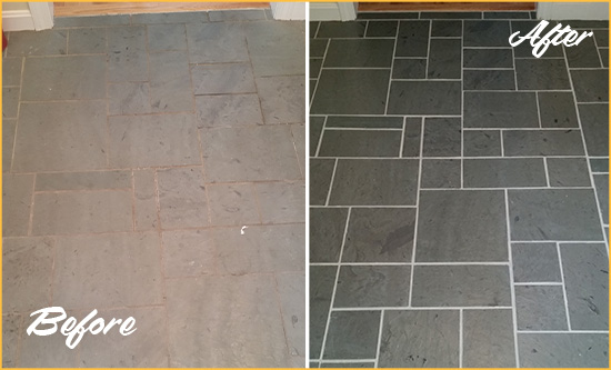 Before and After Picture of a Nocatee Slate Floor Cleaned to Remove Deep-Seated Dirt