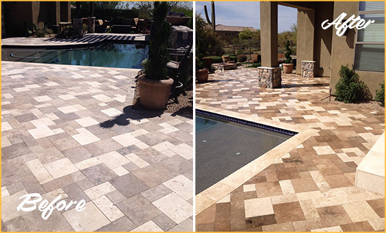 Before and After Picture of a Dull Fernandina Beach Travertine Pool Deck Cleaned to Recover Its Original Colors