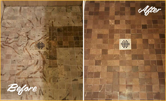 Before and After Picture of a Stained Lakeside Marble Shower Floor Cleaned to Remove Etching