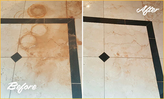 Before and After Picture of a Nocatee Marble Floor Cleaned to Eliminate Rust Stains