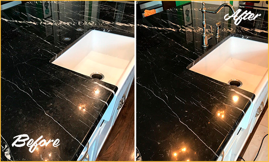 Before and After Picture of a Lakeside Marble Kitchen Countertop Stone Sealed to Avoid Water Damage