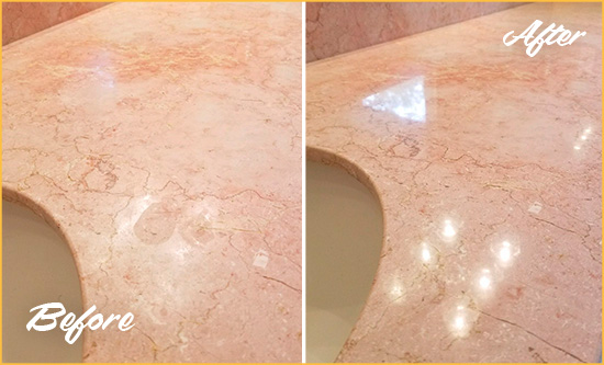 Before and After Picture of a St. Johns Marble Stone Vanity Top Sealed to Avoid Water Marks