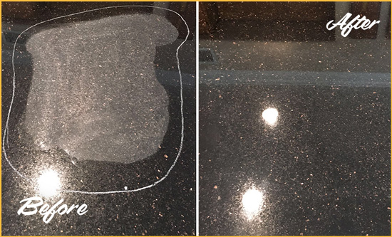 Before and After Picture of a Baldwin Granite Kitchen Countertop Honed to Eliminate Scratch