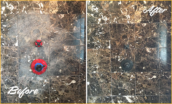 Before and After Picture of a Lakeside Marble Shower Honed to Remove Scratches