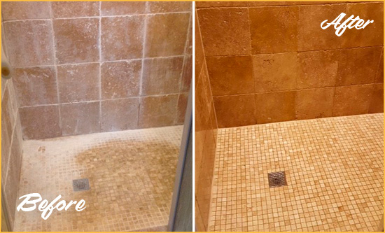 Before and After Picture of a Crescent Beach Travertine Shower Honed to Remove Mineral Deposits