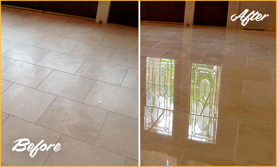 Before and After Picture of a Green Cove Springs Hard Surface Restoration Service on a Dull Travertine Floor Polished to Recover Its Splendor