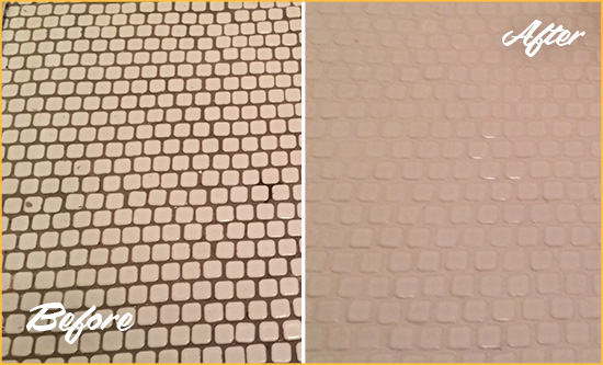 Before and After Picture of a Duval Hard Surface Restoration Service on a Bathroom Tile Floor Recolored to Fix Grout Color