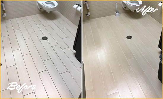 Before and After Picture of a Jacksonville Beach Office Restroom's Grout Cleaned to Remove Dirt