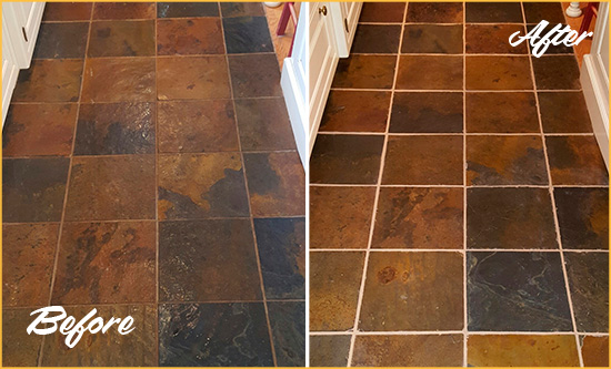 Before and After Picture of Palm Valley Slate Floor Grout Cleaned to Remove Dirt