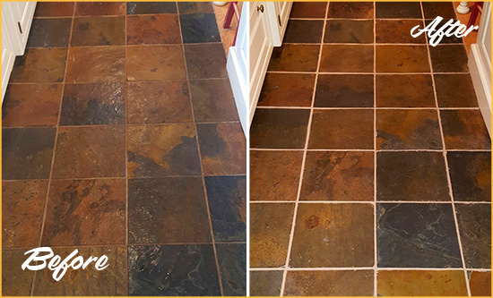 Before and After Picture of St. Augustine Slate Floor Grout Cleaned to Remove Dirt