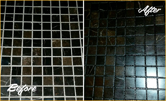 Before and After Picture of a Fernandina Beach Black Floor with Recolored Grout