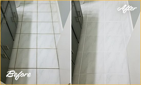 Before and After Picture of a Fernandina Beach White Ceramic Tile with Recolored Grout