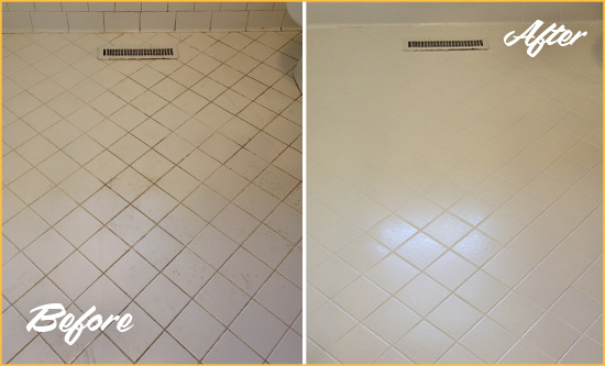 Before and After Picture of a Palencia White Bathroom Floor Grout Sealed for Extra Protection