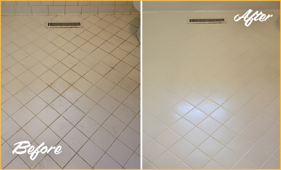 Before and After Picture of a Fernandina Beach White Bathroom Floor Grout Sealed for Extra Protection