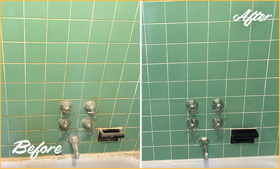 Before and After Picture of a Neptune Beach Bath Tub Grout Sealed to Avoid Water Damage