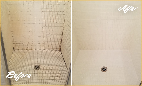 Before and After Picture of a Hibernia Bathroom Grout Sealed to Remove Mold