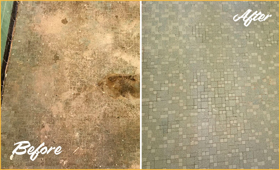 Before and After Picture of a Yulee Mosaic Shower Cleaned to Eliminate Embedded Dirt