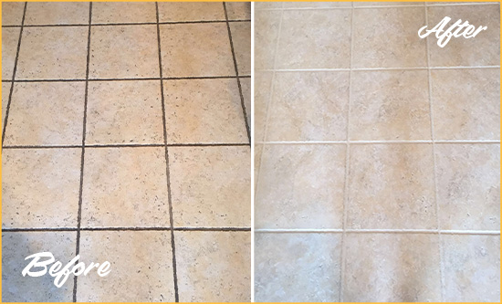 Before and After Picture of a Yulee Ceramic Floor Cleaned to Remove Soil