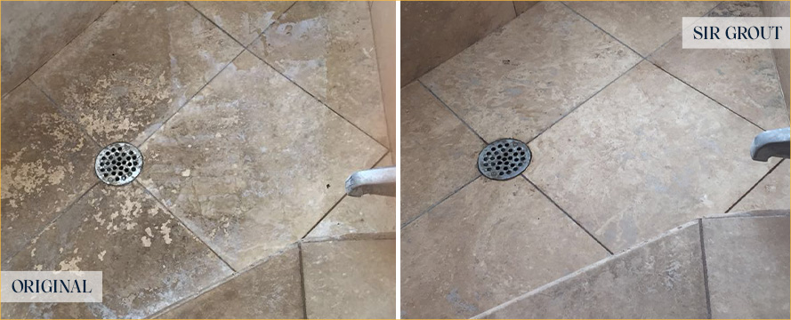 Travertine Shower Before and After a Stone Cleaning in Jacksonville, FL