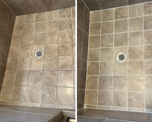 Shower Floor and Seams Before and After a Grout Cleaning in Jacksonville