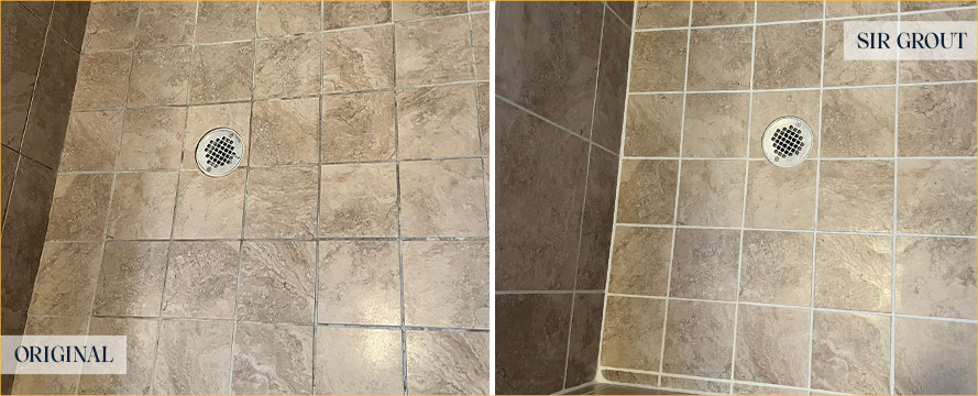 Shower Floor and Seams Before and After a Grout Cleaning in Jacksonville