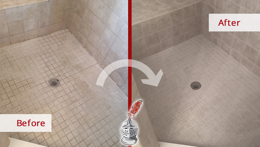 Before and After Picture of a Shower Grout Cleaning in Jacksonville Beach, FL