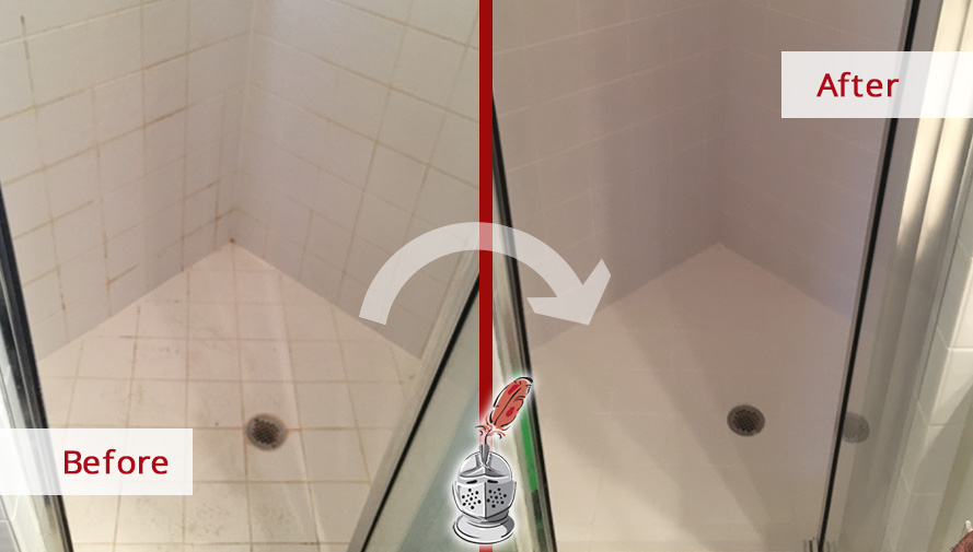Sir Grout of NE Florida Renewed This Dirty Shower with a Tile and Grout Cleaning in Jacksonville, FL Before and After Picture of a Shower Tile and Grout Cleaning in Jacksonville, FL