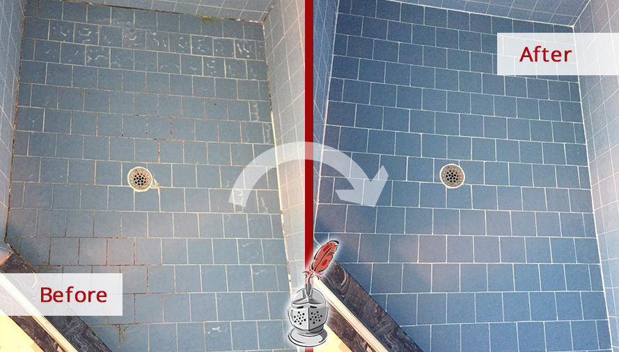 Before and After Picture of a Grimy Shower Floor Enhanced with a Grout Cleaning in Jacksonville, Florida